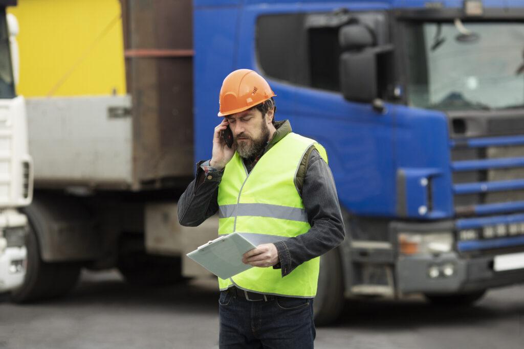 Intérimaire en train de téléphoner pendant son travail avec un gilet jaune